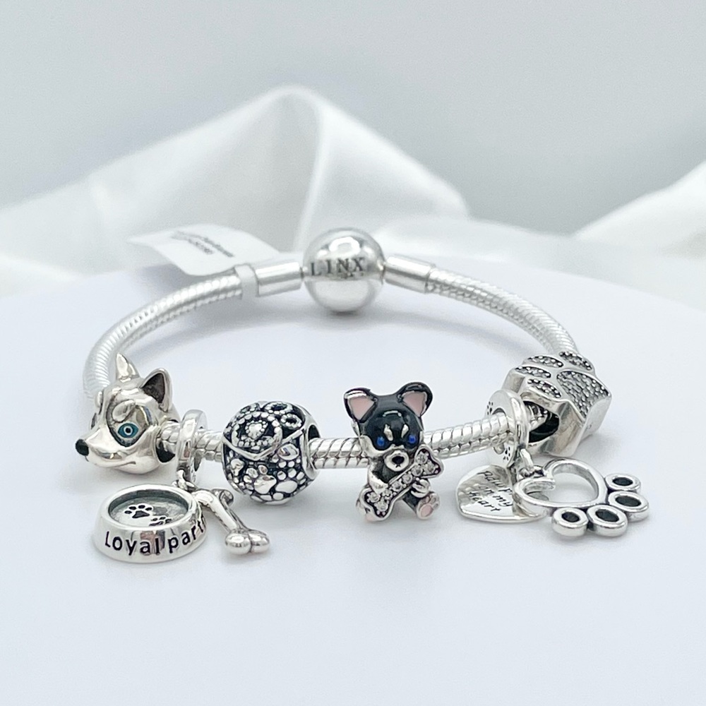Linx Snake Chain Bracelet with Husky Themed Charms 925 sterling silver